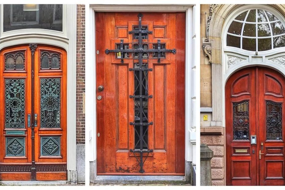 Three ornate wooden doors in a variety of styles in the Netherlands. The door on the left is dark wood with decorative carving and metalwork. The door in the center is a large, two-part door with a dark cross-shaped design. The door on the right is arched with a window above it.
