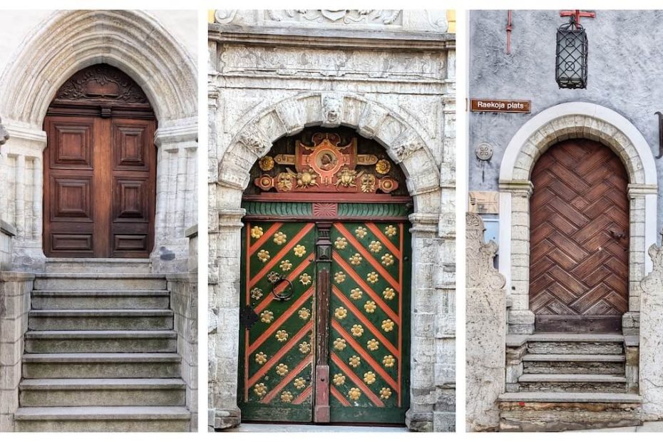 A triptych of three ornate Estonian stone slab doors. The left door is dark wood with an arched stone frame and six stone steps leading up to it. The middle door is a vibrant green with red diagonal stripes and golden floral accents, set within a highly decorated stone archway with sculpted faces and a central crest. The right door is a warm brown wood with a herringbone pattern, an arched stone frame, and four stone steps flanked by two carved stone pillars. A street sign above it reads "Raekoja plats".