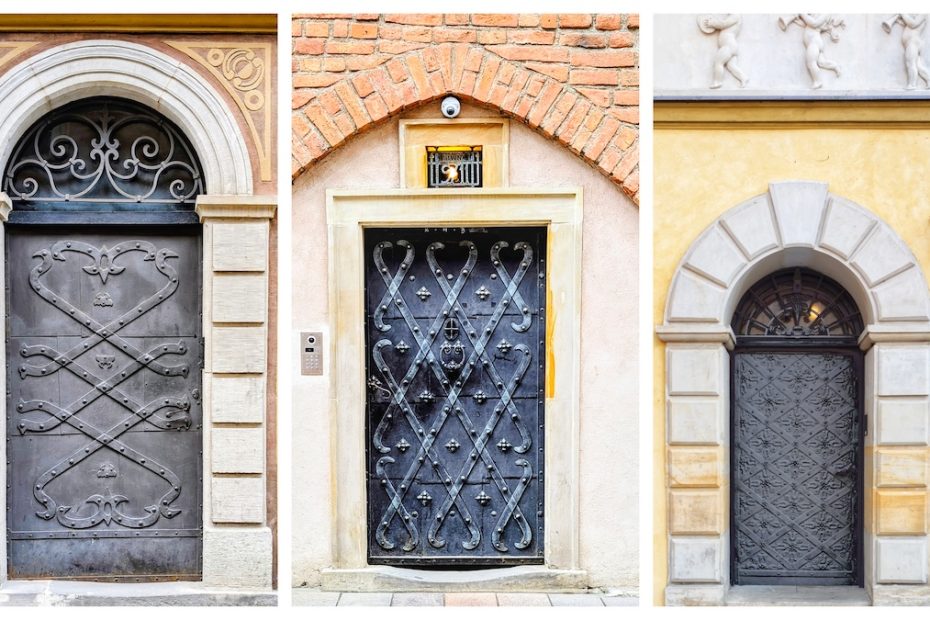 A collage consisting of three vertical panels showing ornate, historic metal doors. * **Left:** A dark grey door with large, scroll-work metal straps forming an X-shape, set within a rusticated stone frame and topped with a decorative semi-circular window and painted arch. * **Center:** A black iron door featuring a studded diamond lattice pattern and a central knocker, framed by light stone and surmounted by an exposed red brick arch. * **Right:** A dark metal door with a small, repetitive diamond pattern set into a heavy beige stone archway on a yellow wall, with a frieze of white sculpted cherubs visible at the top.