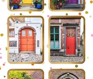 A cropped detail view of the "Doors of Europe" collage, focusing on the middle row of architectural styles. On the left: A double orange door with small square window panes, built into a white textured wall with a red stone archway and a volcanic rock mosaic. On the right: A tall, slender red door in a weathered brick building, featuring a decorative glass transom and situated next to a green-trimmed window on a narrow cobblestone street. The image is decorated with festive gold, pink, and orange polka dots.