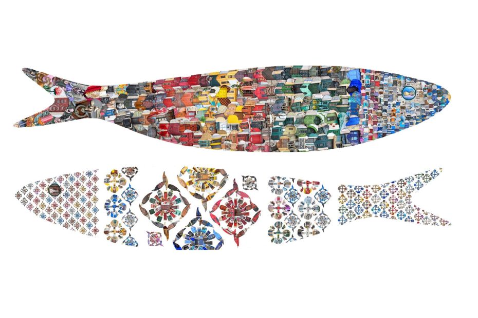 Graphic art print showcasing traditional Portuguese sardines made from photos of 300 Portuguese doors. The doors are organized into fish scales and azulejo patterns.