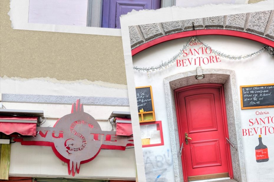 Collage of vibrant Swiss doorways in Zurich including a purple house door under shutters, the red entrance to Osteria Santo Bevitore, and a rustic green door set against a red wall.