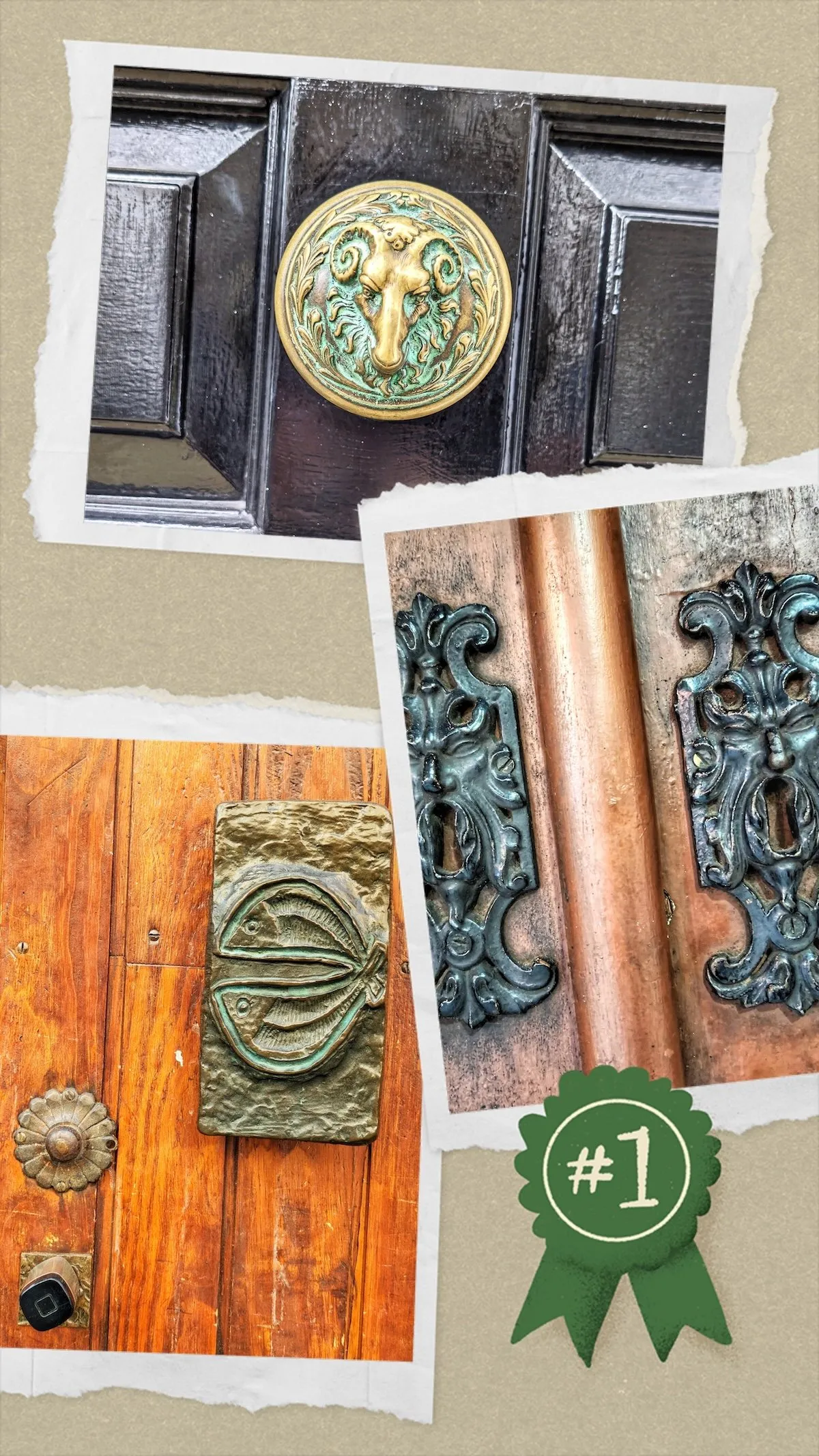 A collage of three polaroid-style photos showing unique ornamental door hardware against a textured beige background. The top photo shows a round brass door knob plate featuring an embossed ram's head on a dark wooden door. The bottom-left photo features a textured brass plate with a fish emblem mounted on a warm wood panel. The bottom-right photo displays a pair of ornate, dark metallic keyhole escutcheons styled like decorative faces, with a green award ribbon graphic labeled "#1" overlaying the bottom corner.